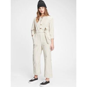 Gap Ivory White Belted Button Front Wide Leg Corduroy Jumpsuit Size 16 Tall